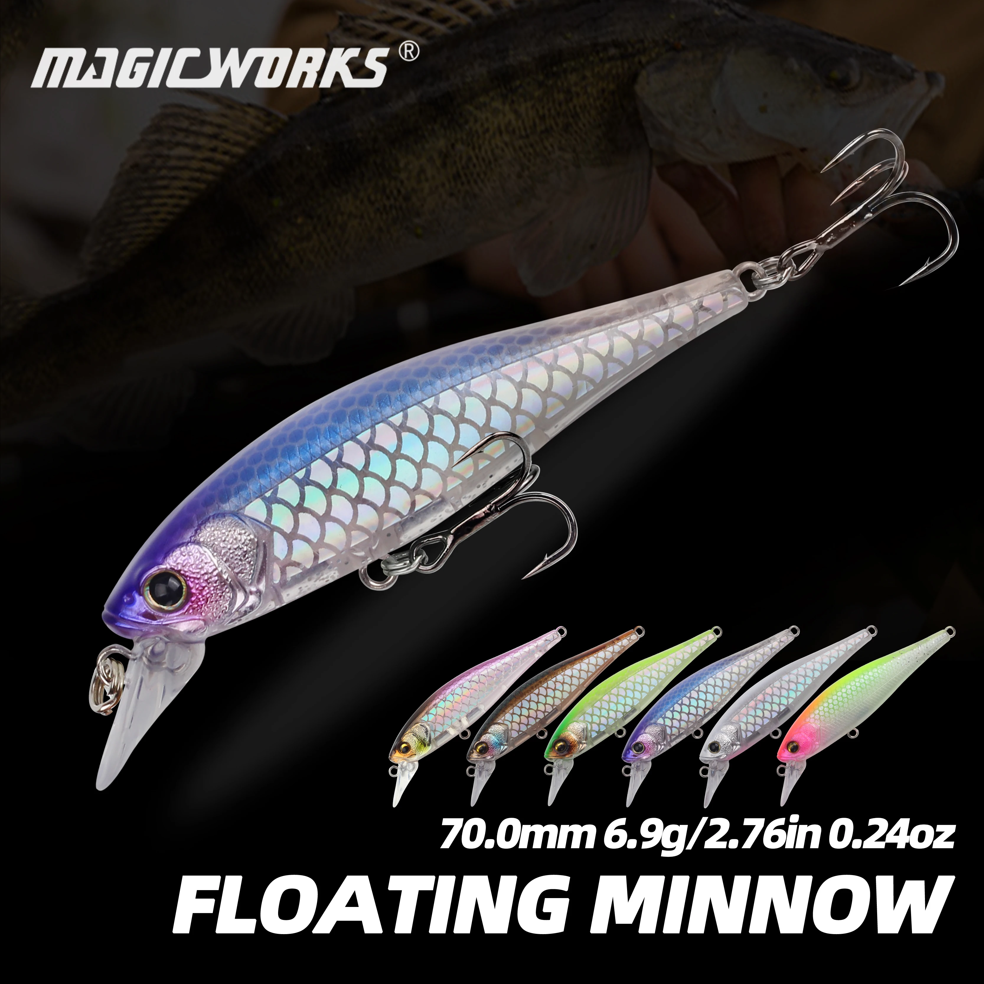 Señuelos de Pesca Magic Works Minnow, Jerkbait de 70 mm y 6.9 g, Señuelo de Largo Alcance, Wobbler para Lucio, Lubina, Trucha, Señuelos Flotantes Duros