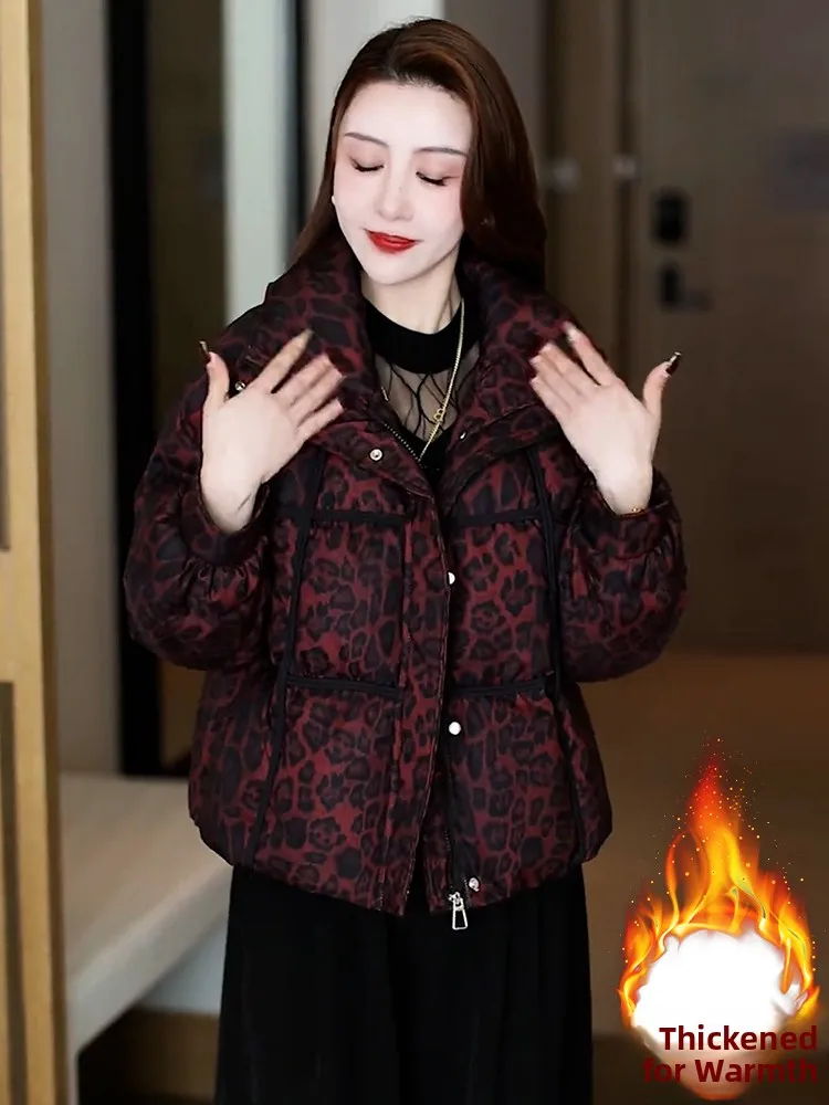 Faionable Thiened Cotton down Jaet Ladies Coat Leopard Print ort Size Bread Sle Winter New Arrival Korean Loose Fit