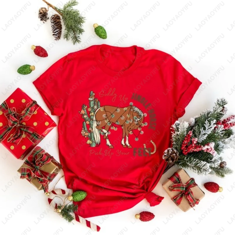 Cowboy Christmas Giddy Up Jingle Cotton Tops Horse Pick Up Your Feet Howdy Country Tshirt Cowgirl Men Women All Match Pair Tees