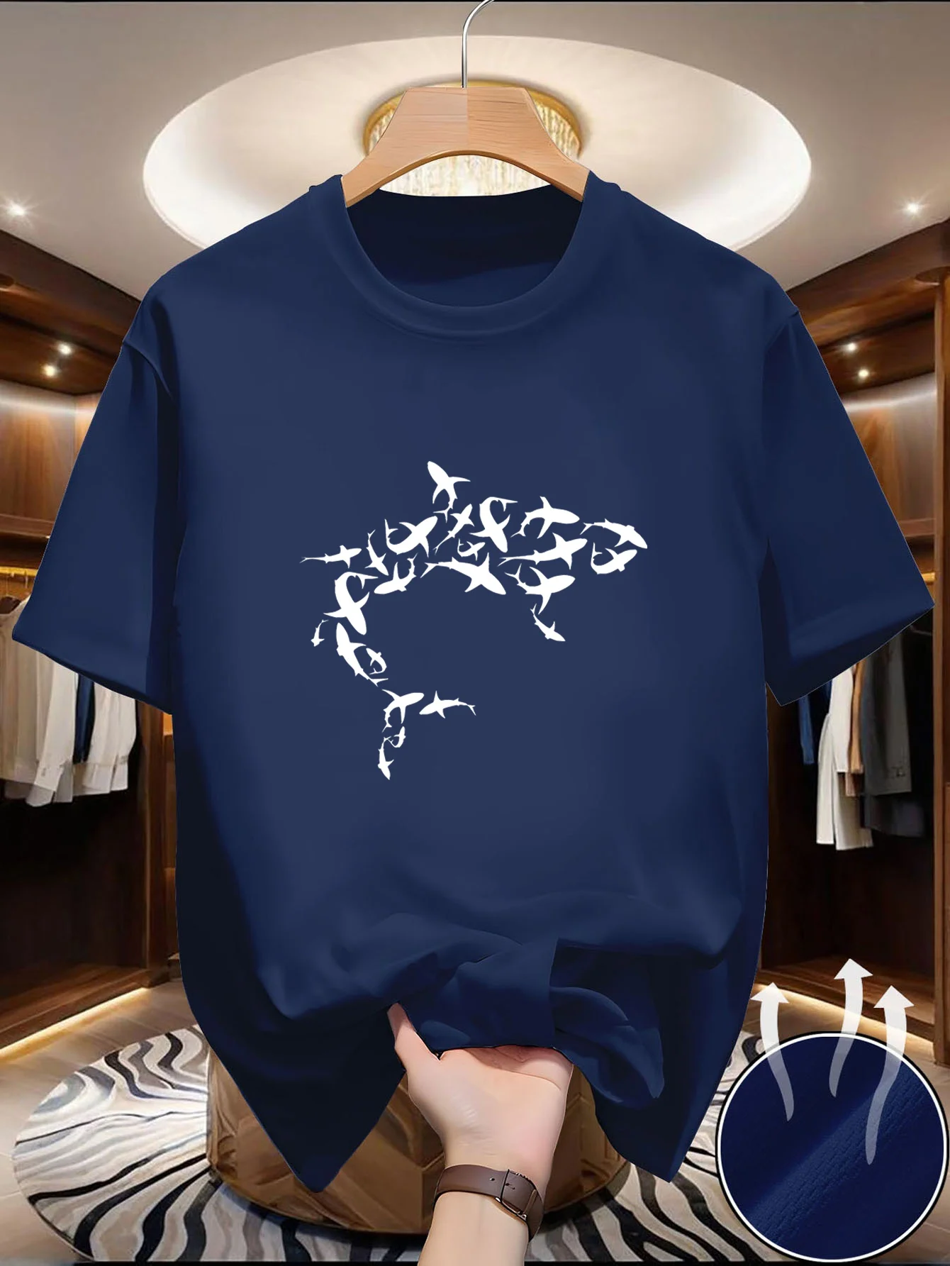 Single men's round-neck short-sleeved T-shirt with high-end texture, thin T-shirt, streamlined design, mixed materials, neat app
