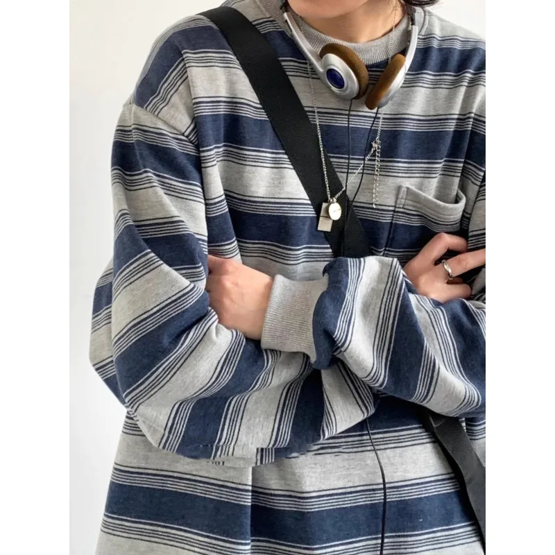 Streetwear Women  Oversized Hoodie Vintage Striped Cargo Shirts O-neck Fu;l Sleeve