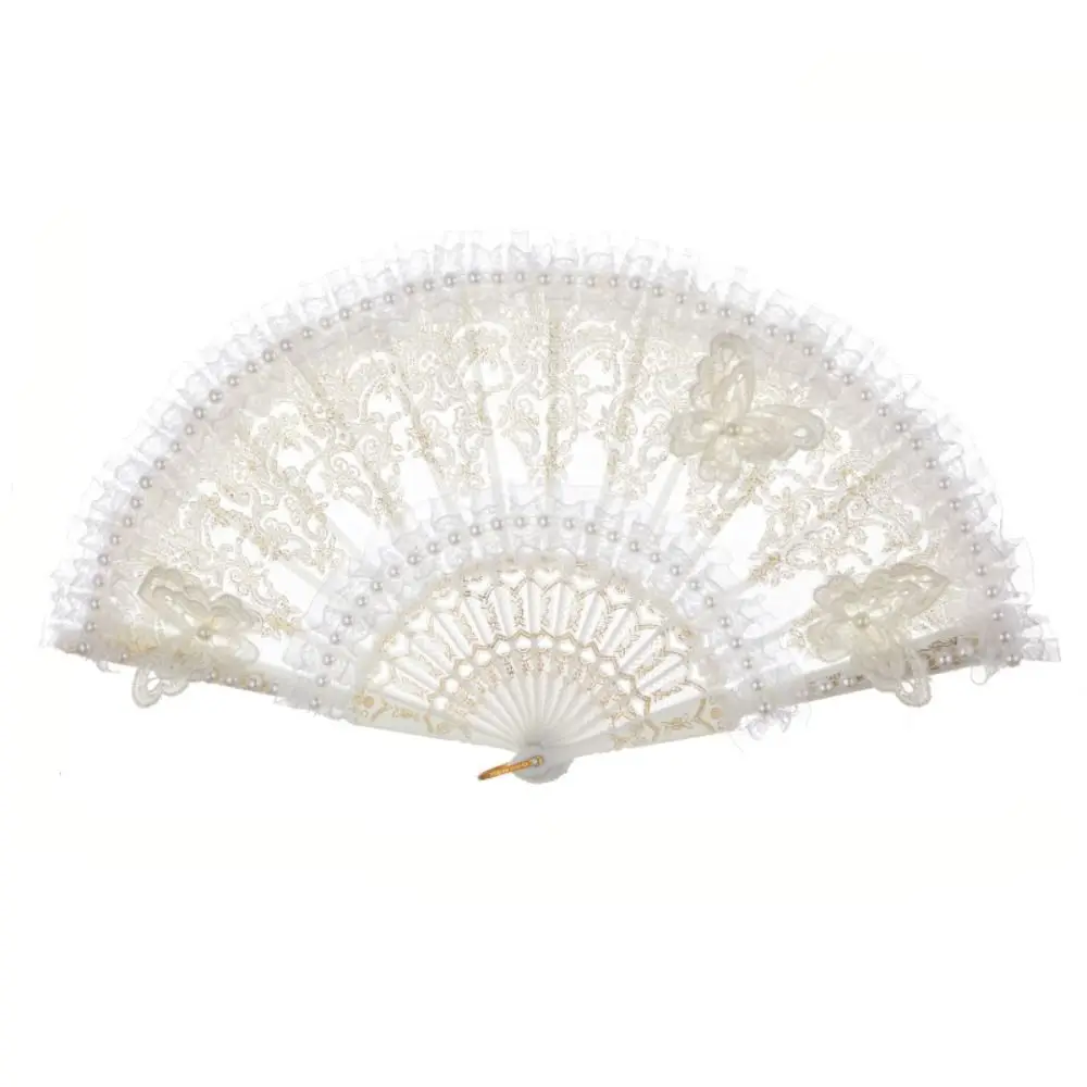 

White Lolita Lace Hand Fan Handheld Retro Court Style Lace Folding Fan with Pearl Plastic Handle Bride Hand Fan Party