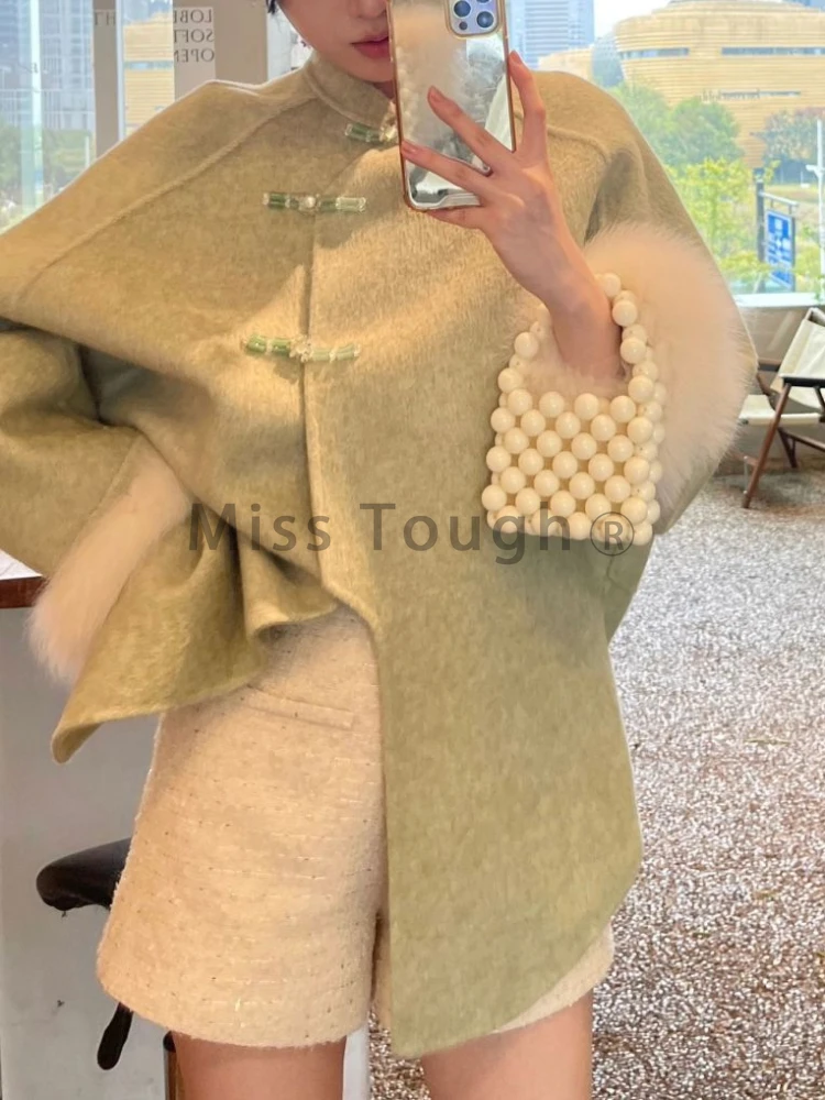 Winter French Vintage Woolen Green Coat Women New Design Retro National Style Overcoat Loose Elegant Cloak Warm Outerwear 2024