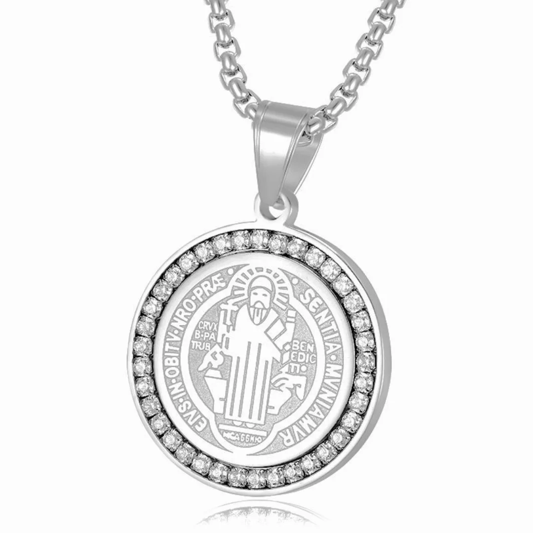 Hip Hop Iced Out Saint Benedict Pendant Gold Silver Color Stainless Steel Tennis Zirconia Round Necklace for Woman Man Jewelry