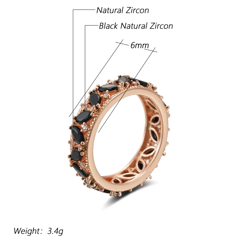 Kinel Unique Black Crystal Stone Ring For Women 585 Rose Gold Color Full Natural Zircon Accessories Luxury Fashion Daily Jewelry