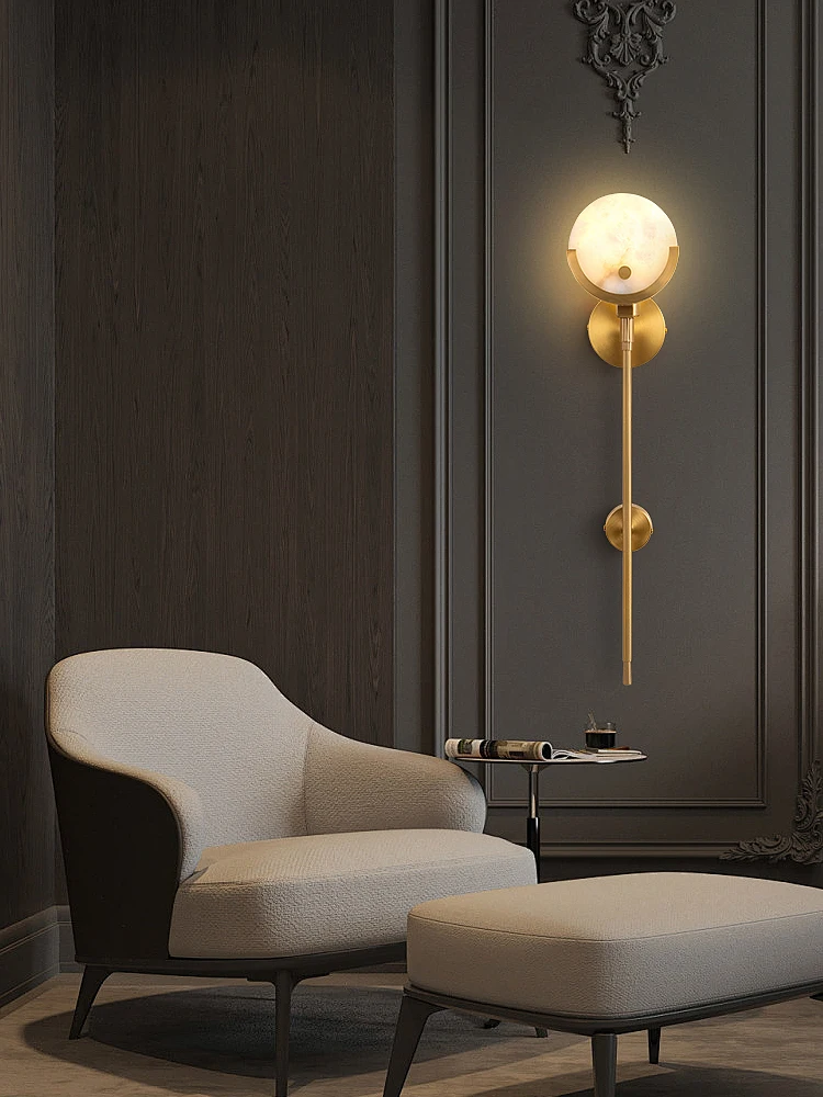 Art Deco Alabaster Wall Lamp, Vintage Geometric Marble Wall Sconce in Brass Accents for Living Room, Bar, Luxury hallway