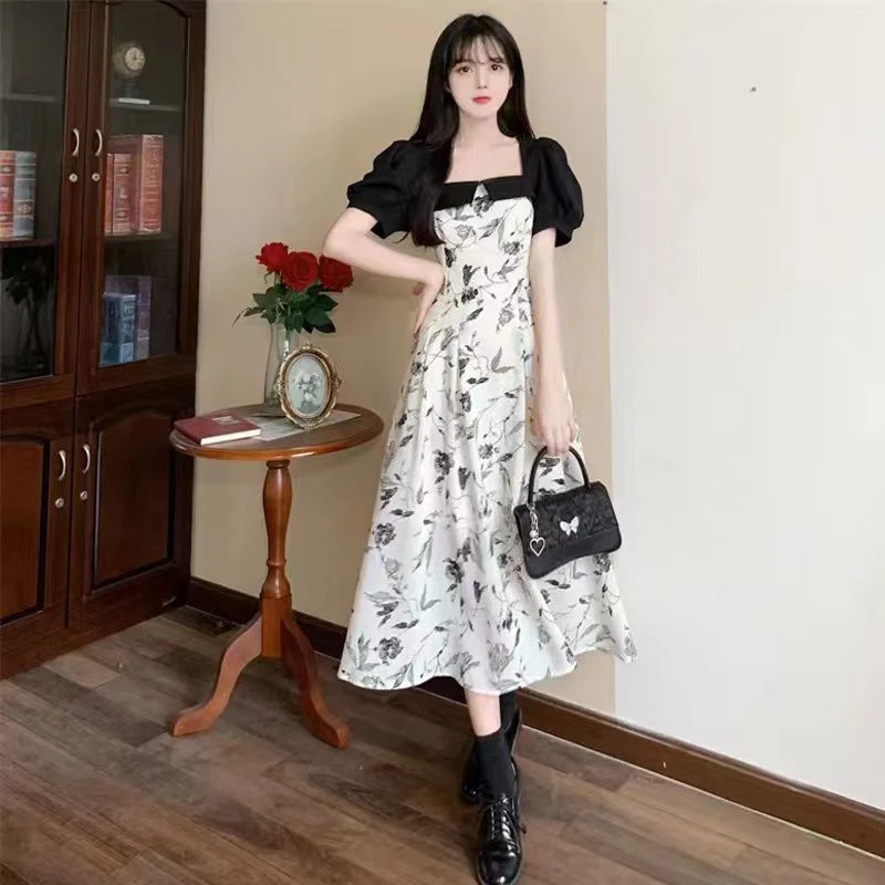 

Summer Square Collar Puff Sleeve Women Mid Calf Dress French Floral Fashion Harajuku Princess Clothes Evening Party Office Black