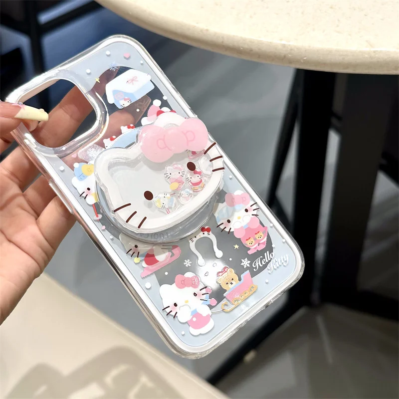 Cute Cartoon Snowflake Ski Hello Kitty Bear Magsafe Wireless Charge Case For iPhone 13 14 15 16Pro Max KT Shake Magnetic Holder