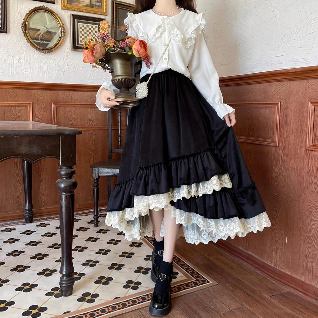 

Retro lace patchwork pleated kawaii pleated skirt for women, Lolita designer high-waisted irregular line cake skirt