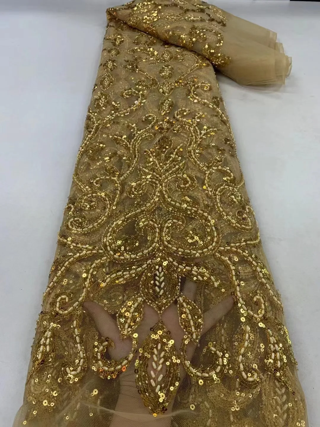 

Gold African Beaded Lace Fabric, Luxury Nigerian Sequins, French Embroidery, Tulle Lace Fabric, Couture Material, 2023