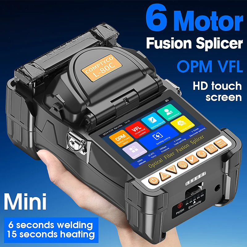 COMPTYCO L-80C/L-70C Fiber Optic Fusion Splicer Touch Screen FTTH Six Motors Mini Optical Fiber Fusion Machine Built-in OPM VFL