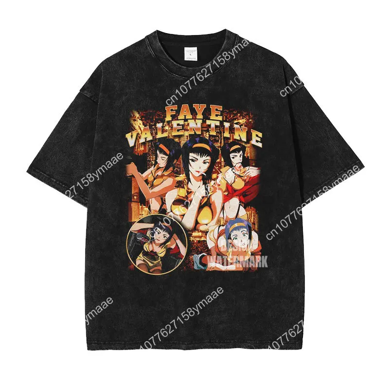

Anime Faye T-shirt Oversized Cowboy Bebop T-shirts Manga Harajuku Vintage Washed Retro Edward Jet Spike T Shirt Man 100% Cotton
