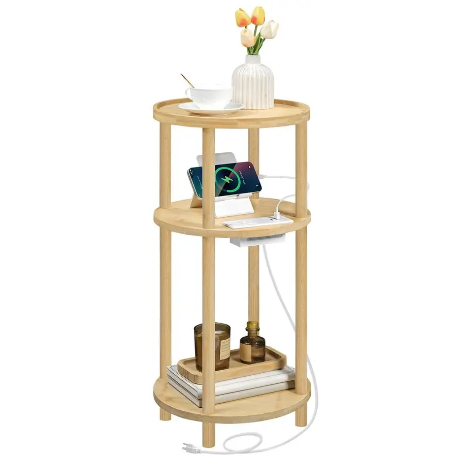 

Маленький круглый приставной столик с зарядной станцией, 3-уровневый круглый бамбуковый столик, компактный прикроватный столик для дивана, для небольших помещений, простая сборка