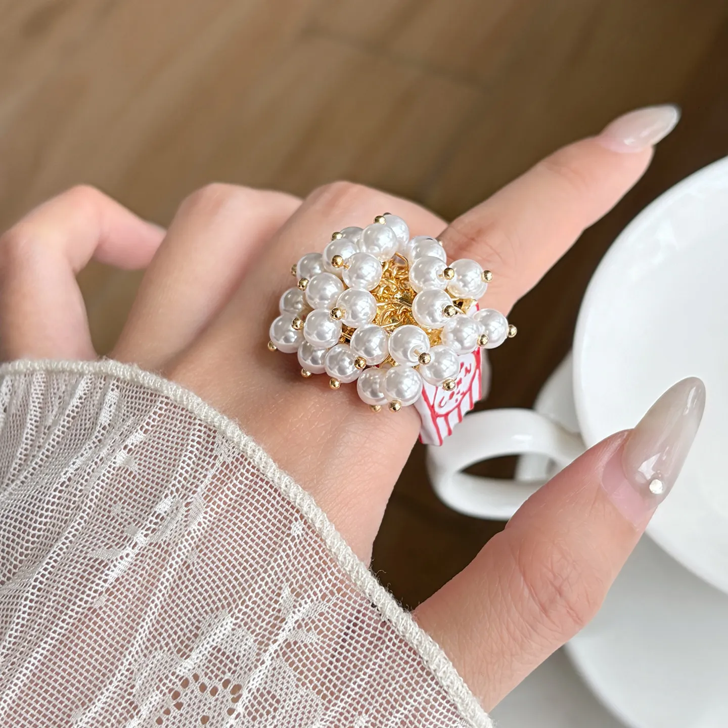 Vintage Enamel Pearl Popcorn Wide Ring