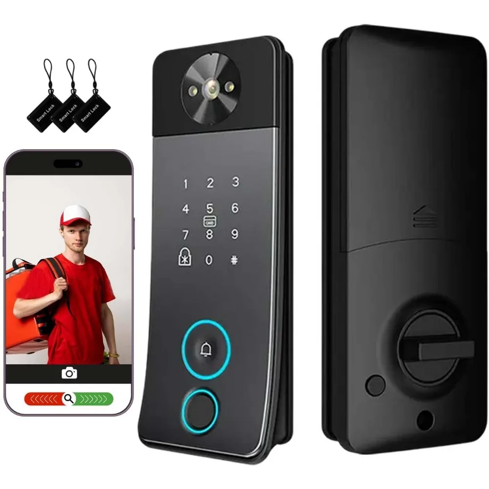 Smart Door Lock with Camera, Doorbell & Video Intercom – Keyless Entry Deadbolt, 5 Unlock Ways (Fingerprint, Password, Card, Key