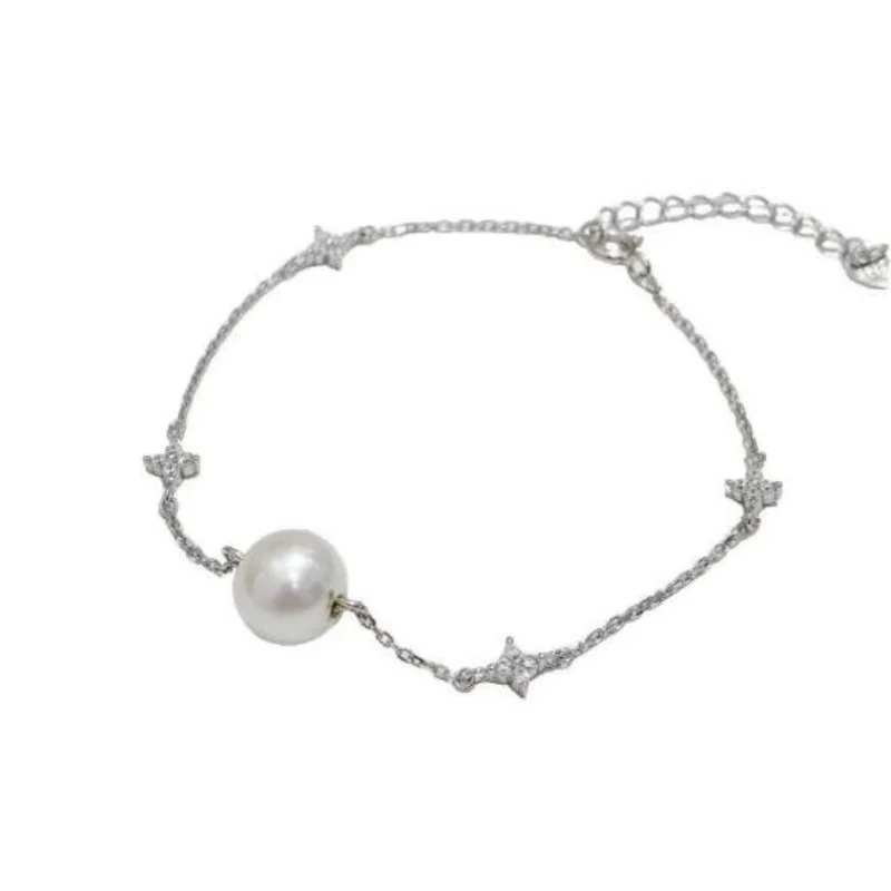 Gorgeous Gloss AAAA+8-9mm Natural Round South Sea White Pearl Bracelet 925 Silver Adjustable