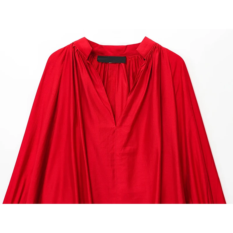 YENKYE 2025 Blusa con manga acampanada y cuello en V para mujer, color negro y rojo, Tops holgados Vintage de otoño