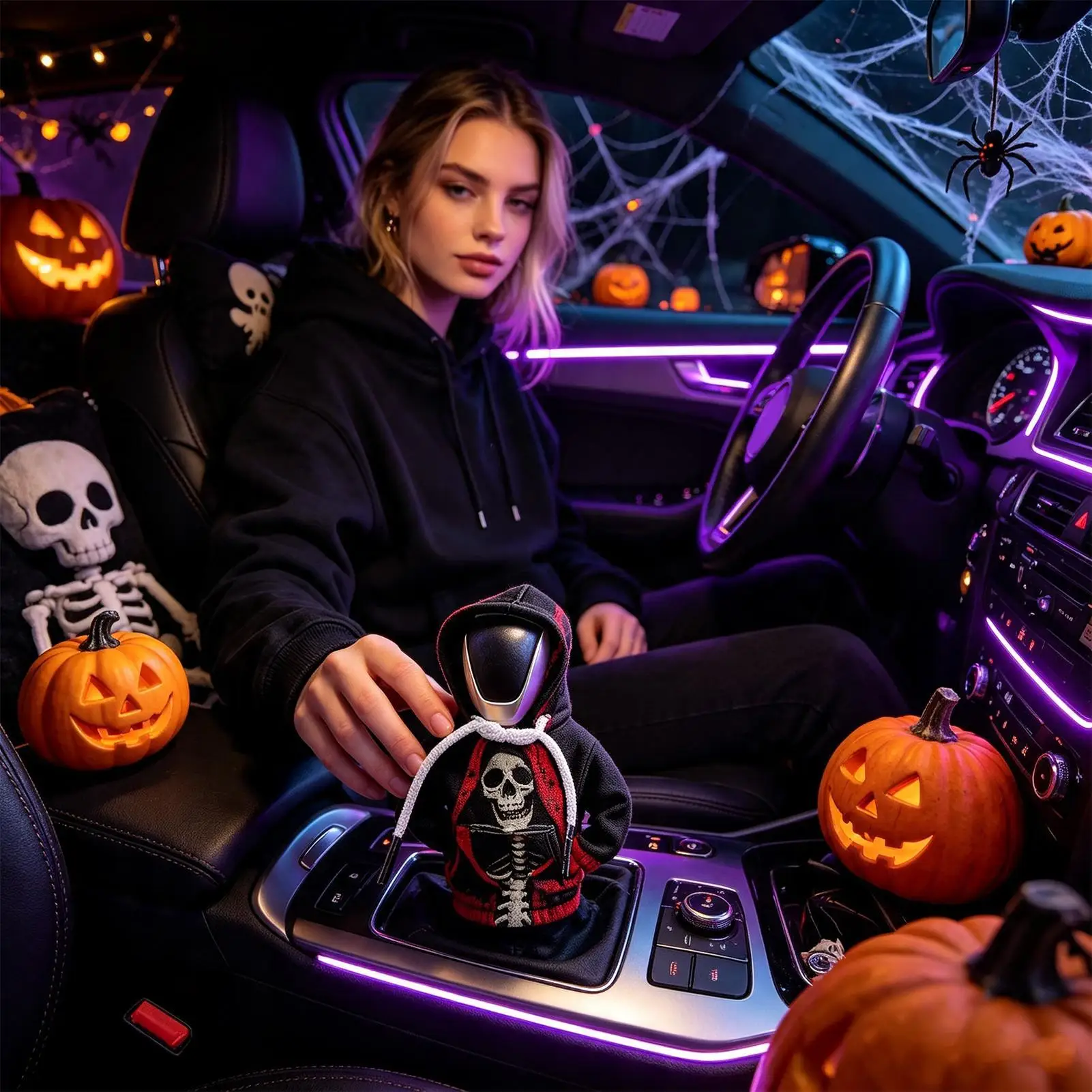 Halloween Car Gear Shift Hoodie Cover Cool Skull Auto Interior Decor Halloween Skull Shifter Knob Cover for Trailer RV Traveling