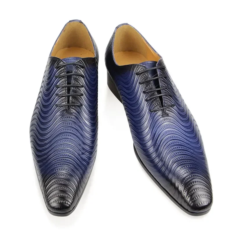 Men Shoes Luxury Oxford Shoe Genuine Leather Handmade Black Blue Prints Lace Up Pointed Toe Wedding Office Formal Dress Men Shoe