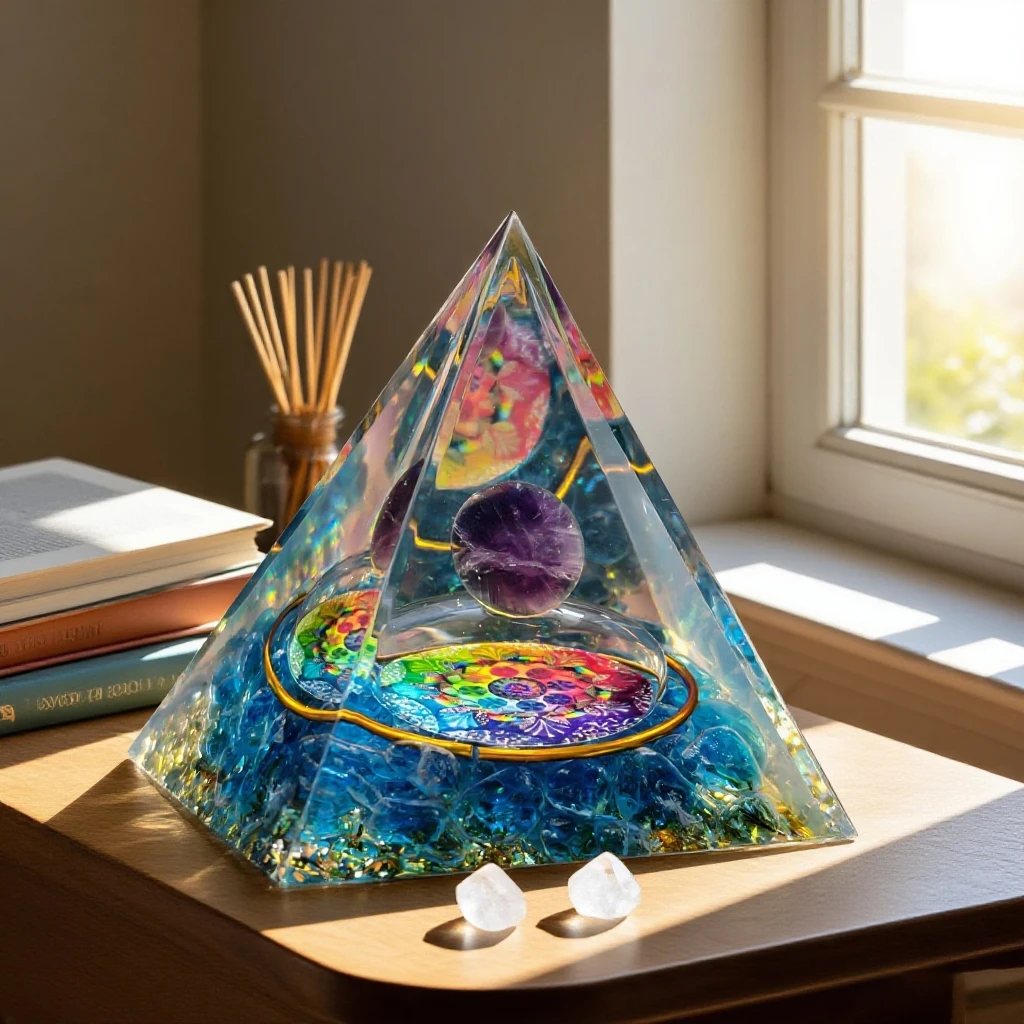 Natural Amethyst Ball And Blue Glass Crafted Mantra Orgone Pyramid Decorative Ornaments for Home Garden