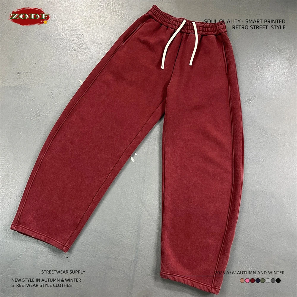 ZODF Celana Fleece Pria Baru Musim Dingin 2025 Batik Dicuci Unisex High Street Distressed Tebal Hangat Lurus Celana Olahraga HY1166
