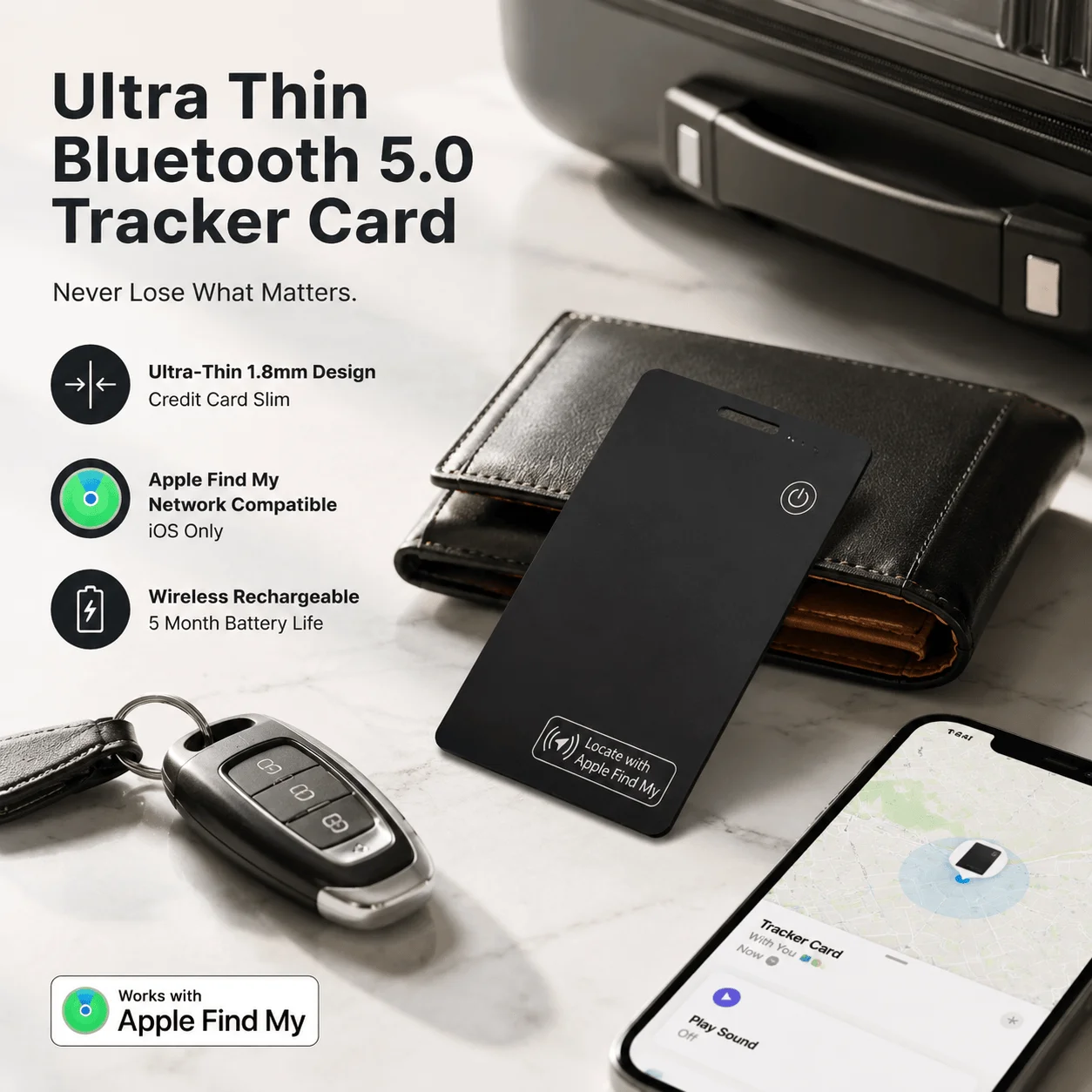 Ultra Thin Mini Bluetooth 5.0 Tracker Card Compatible with Find My Network iOS Only IP68 Waterproof Anti Lost Rechargeable Smart Tracking Tag for Wallet Bags Luggage Keys Car Vehicle GPS Locator Key Finder