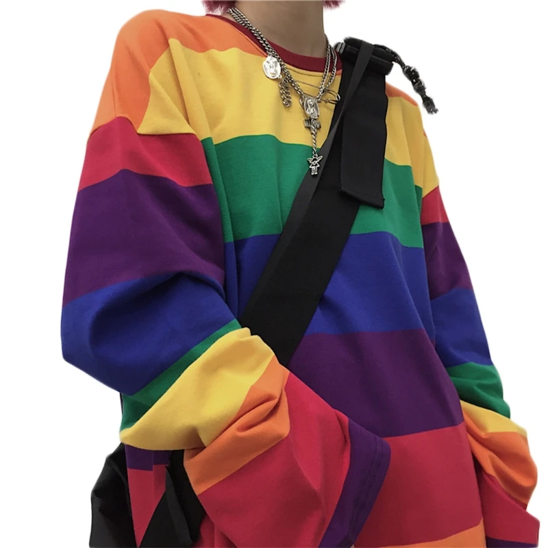 O-Collo a maniche lunghe da donna stile coreano per magliette Harajuku Pullover stampato a strisce arcobaleno Top tunica Hip Hop