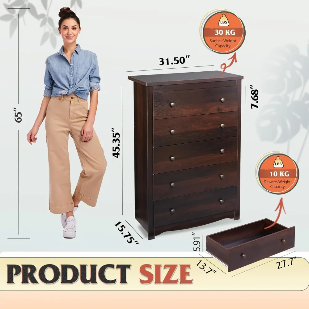 Cômoda de madeira rústica marrom com 5 gavetas, armário de armazenamento moderno para quarto com gavetas organizadoras