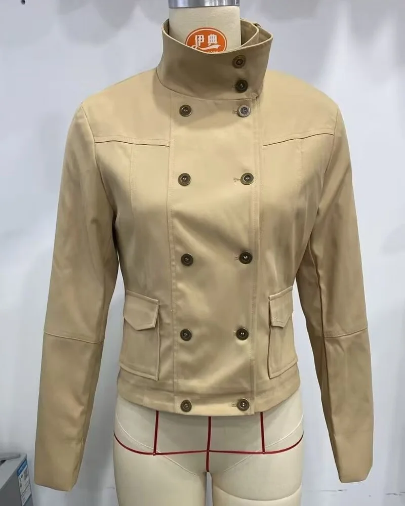Women's jacket 2026 new European and American fashion stand-up collar double-breasted long-sleeve solid colour with pockets