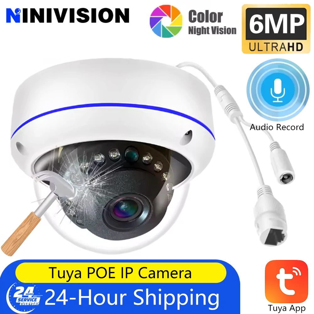 

H265+ 6MP Tuya Metal Dome POE IP Camera Audio Record CCTV Camera Vandalproof IP66 Outdoor Home Security Video Human Detection