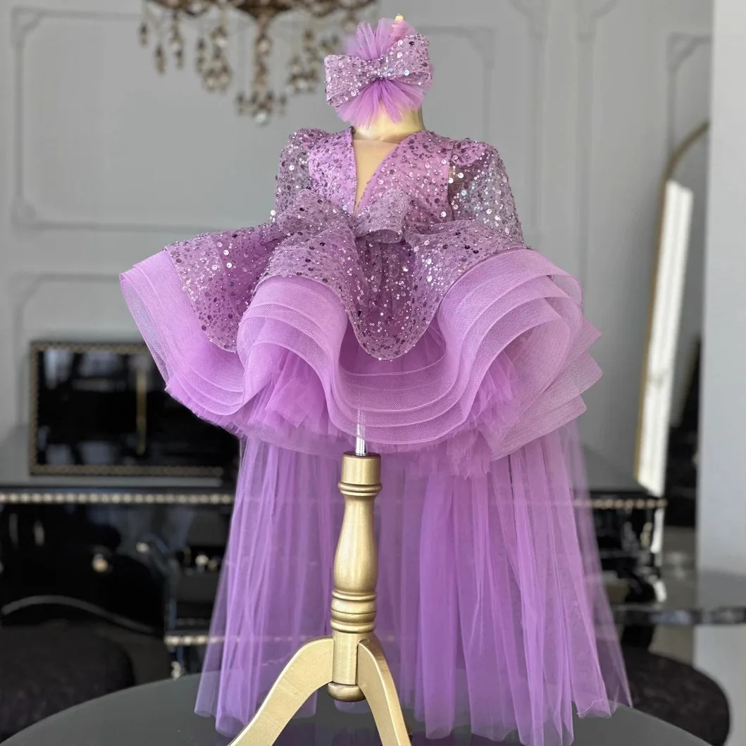 Children Light Luxury Host Piano Performance Princess Ball Girls Cute Bow Sequins Design Wedding Dress g458