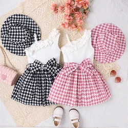 2PCS Summer 4-7 Years Old Girl Baby Soft And Comfortable Multi-Color Diagonal Shoulder Dress + Thousand Bird Check Skirt Hat