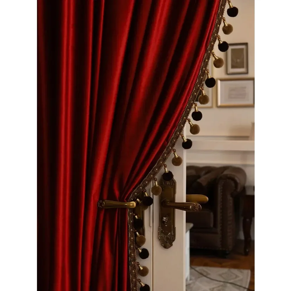 Retro High-end American Luxury Red Glossy Blackout Velvet Curtain Head Living Room Bedroom Villa Curtain Customization