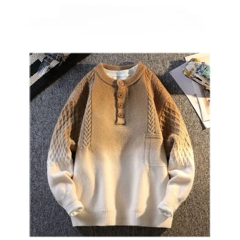 Gradient Color Sweaters Men's Winter Casual Thickening and Warmth Loose Cool Base Knitted Sweaters Teenagers and Students Trend