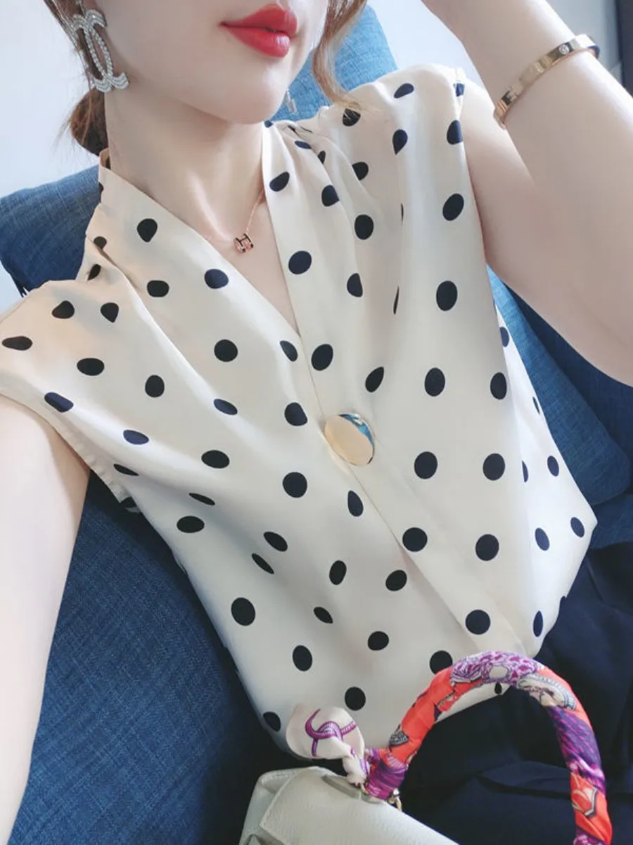 2025年夏-ヴィンテージ風-水玉模様シフォン-トップス-レディース-ノースリーブ-ルーズ-スリム効果-新スタイル-エレガント-小さなシャツカラー-トレンド