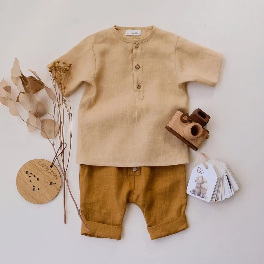 Linen Toddler Boy Set Short Sleeve Shirt and Shorts Sets for Kids Children Two Pieces Summer Clothing Set