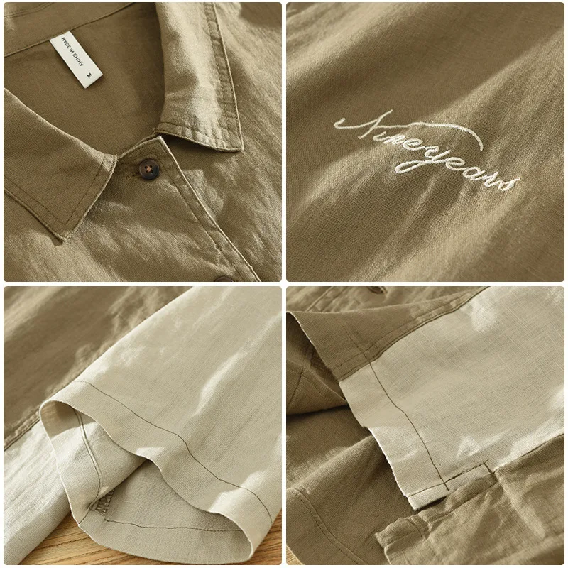 2785 100% Linen Patchwork Shirt Men\'s Summer New Fashion Short Sleeve Vintage Loose Casual Thin Breathable Cozy Blouse Daily Top