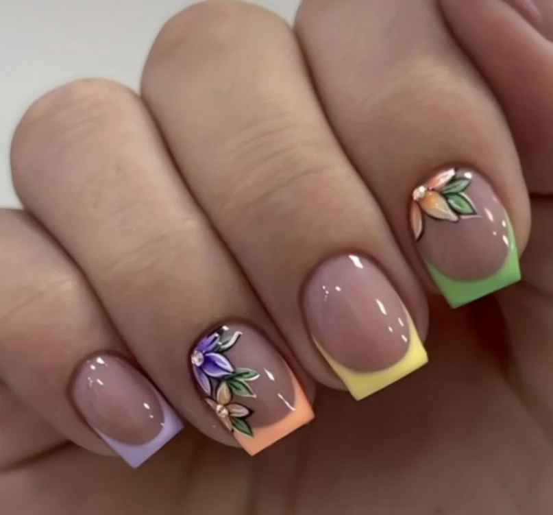 

1Set Macaron French Hand-Painted Flower Press-On Nails, Short Square Fresh False Nails for Spring & Summer