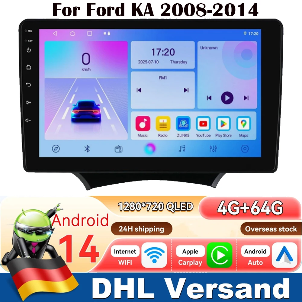 Neues 9'' Android 14 Wireless Carplay 2DIN Touch-Autoradio Multimedia-Videoplayer GPS-Navigation Head Unit 5G WiFi Autoradio 4+64G für Ford Ka 2008-2014 KA Edge 2010 unterstützt Bluetooth WiFi FM RDS
