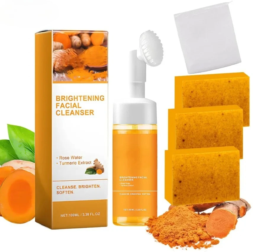 

Turmeric Cleanser Moisturize Facial Brightening Skin Tone Daily Face Wash Foam with Brush Skin Care Clean Lemon Fruit Extract