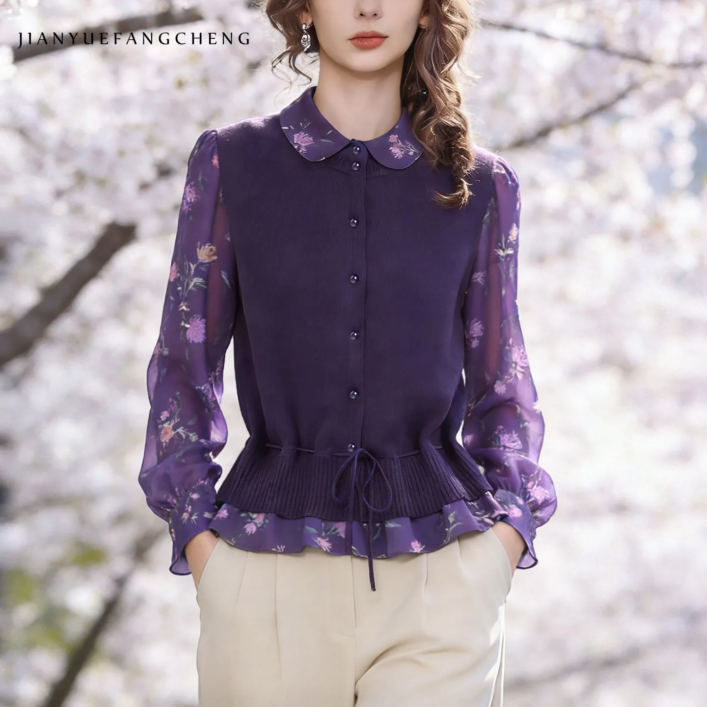 

Fashion Stretchy Women Purple Knitted Shirt With Chiffon Sleeves Slim Fit Button-down Tops 2026 Spring New Vintage Casual Blouse