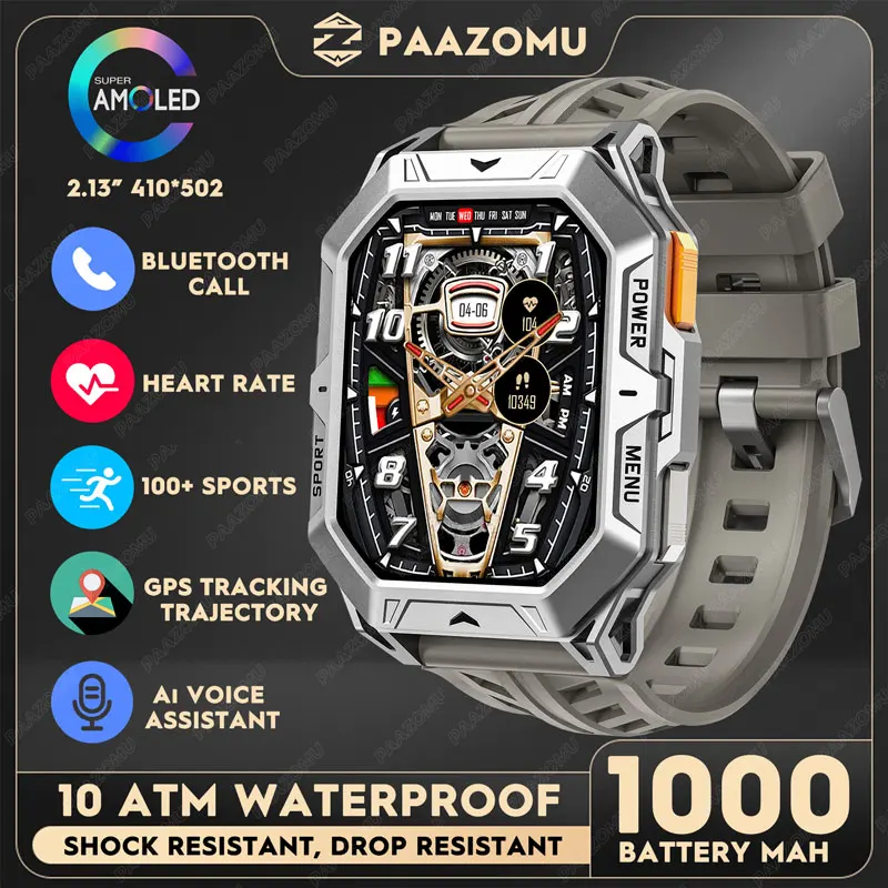 1000mAh Big Battery Smart Watch 2.13 Inch AMOLED Screen Compass 10M Waterproof Bluetooth Call Outdoor Sport Military Smartwatch