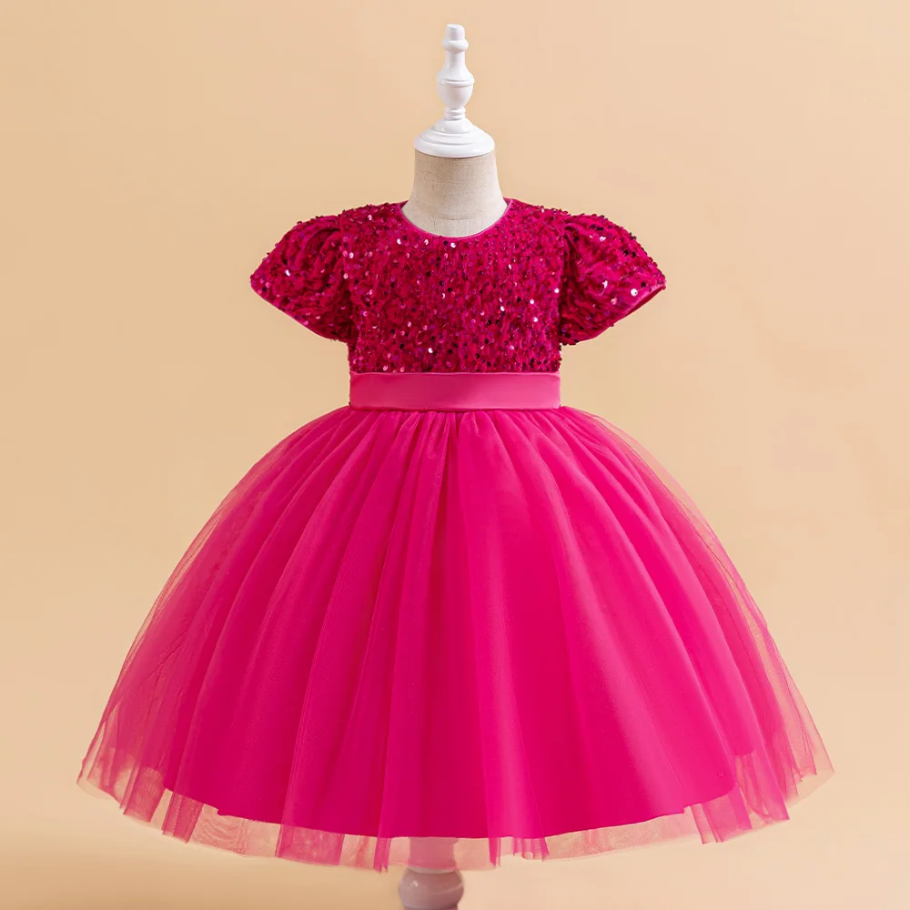 Pageant Sequin Party Dress For Girls Children Costumes Short Sleeve Girls Princess Dresses Elegant Wedding Vestidos 3-10 Years