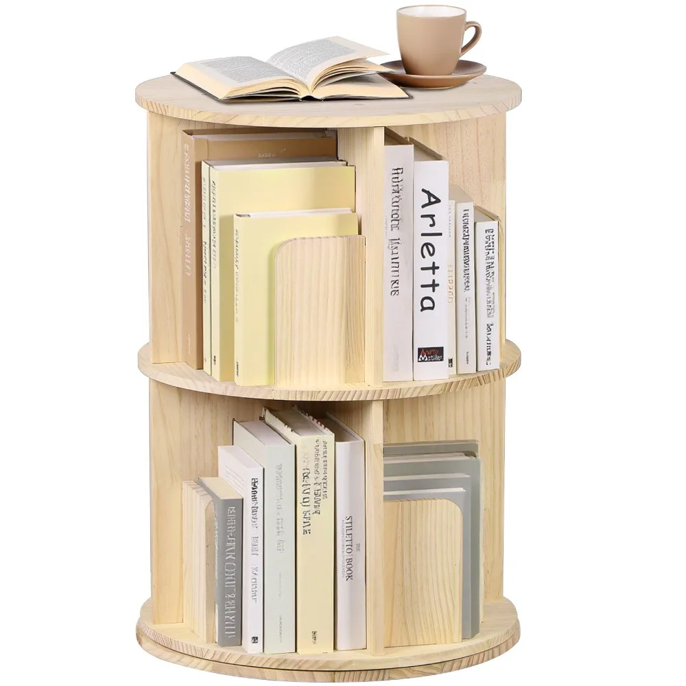 

Rotating Bookshelf 360° Display 2 Tier Floor Standing Bookcase Wood Storage Rack