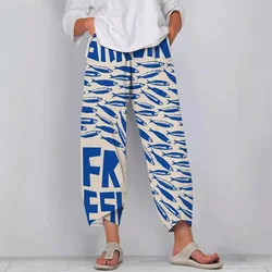 Pantaloni Casual in lino con stampa artistica di Sardine di pesce retrò da donna stampa 3D di Halloween pantaloni a vita alta tagliati a gamba larga