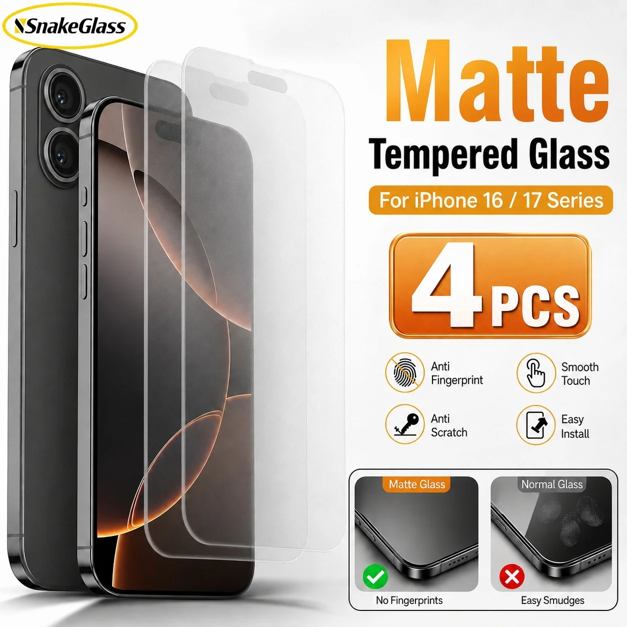 4PCS Matte Tempered Glass For iPhone 17 Pro Max 17 15 Pro 14 Pro 13 12 11 XR XS X 8 SE Screen Film Anti-Fingerprint Smooth Touch