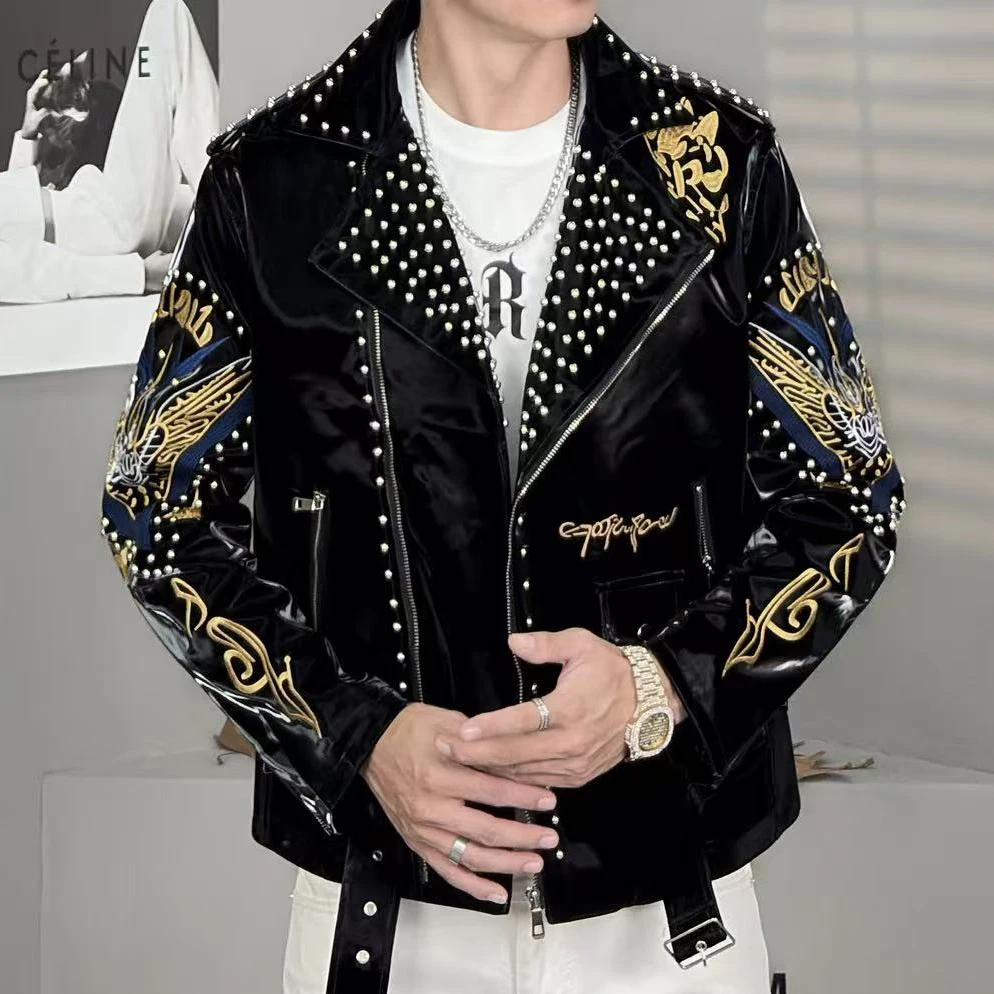 

2025 Top Quality Luxury Rivet Decoration Punk Club Outfit Jacket Autumn Black Grey Jacket Coat Jaqueta Bomber Jacket Men