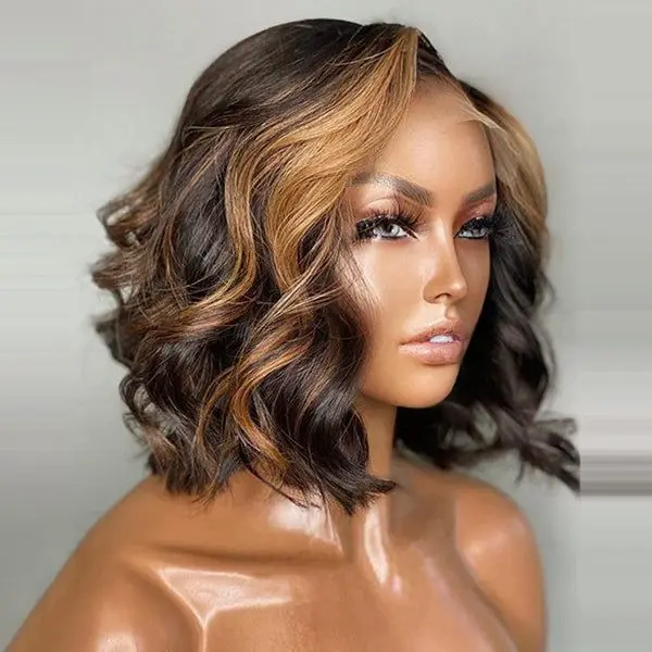 

Brown Highlight Blonde Wig Short Wave Lace Hair Wig Lady US