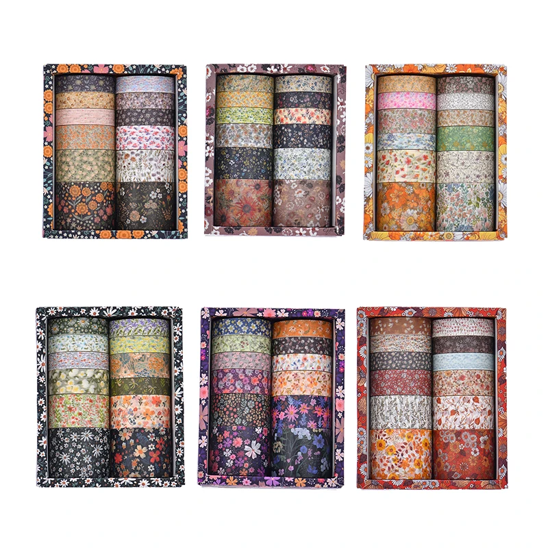 مجموعة 12 لفات من شريط الأزهار العتيق DIY شريطٌ لاصق مزخرف ملون دفتر مذكرات رصاصة المجلات لوازم التغليف