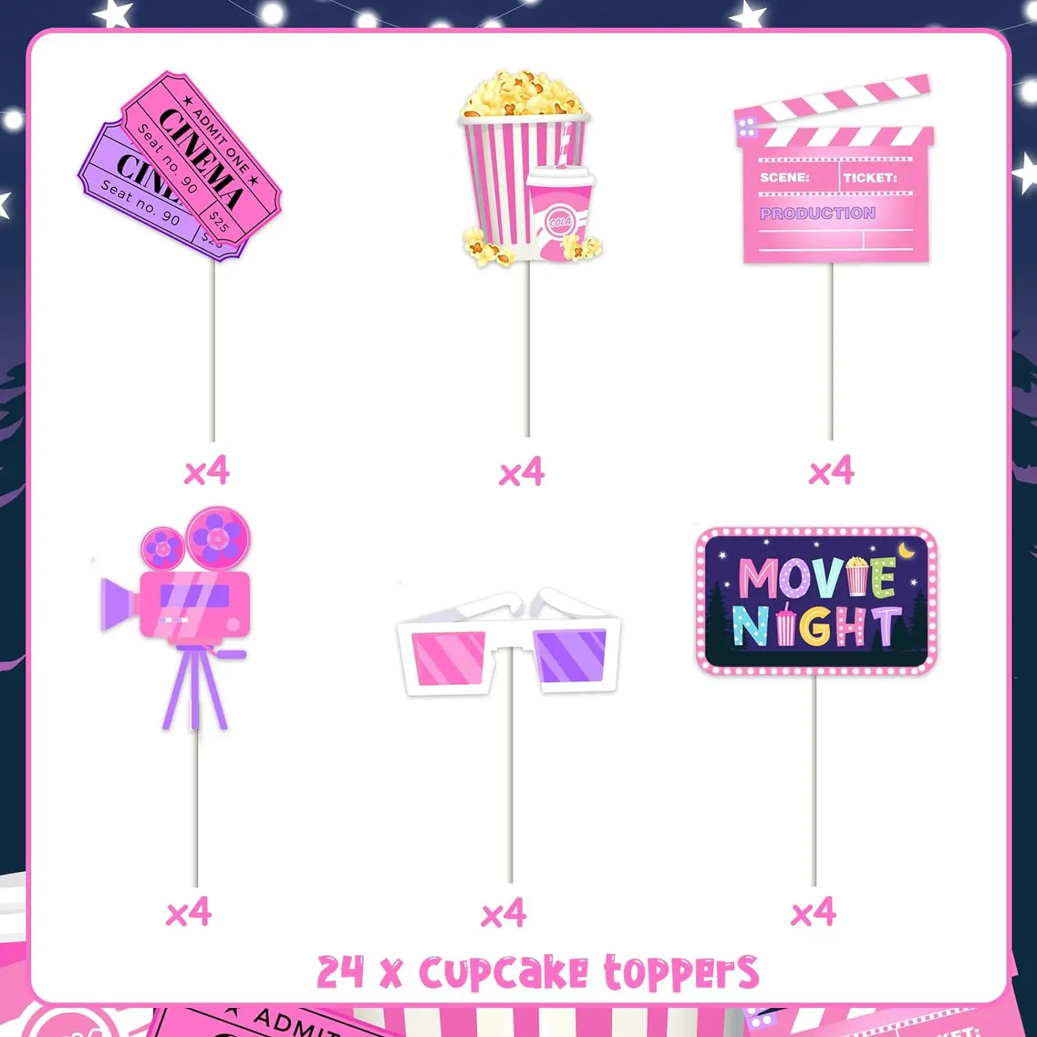 Movie Night Cupcake Toppers Birthday Party Supplies Double Sided Paper Cinema Cake Decor Popcorn Baby Shower Decor